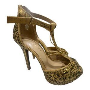 Thalia Sodi Gold Embellished High Heel T-Strap Shoes With Zipper Back Size 6